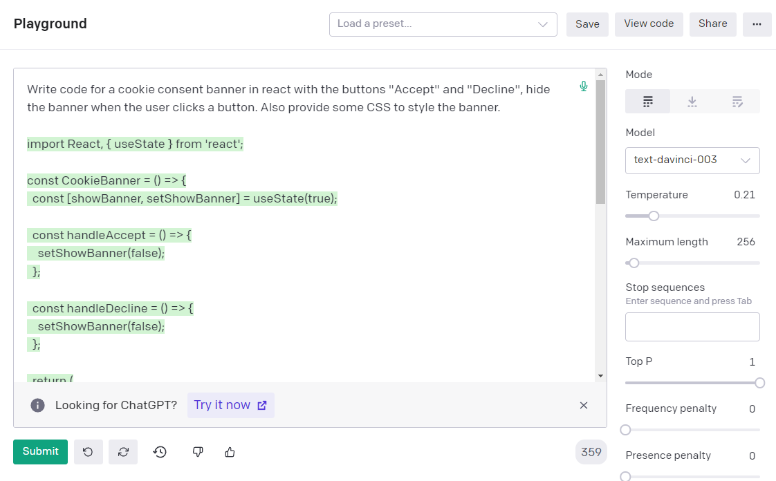 The latest GPT-3 model builds a React component