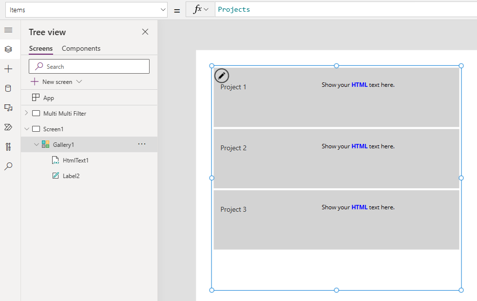 A Power Apps gallery with two labels